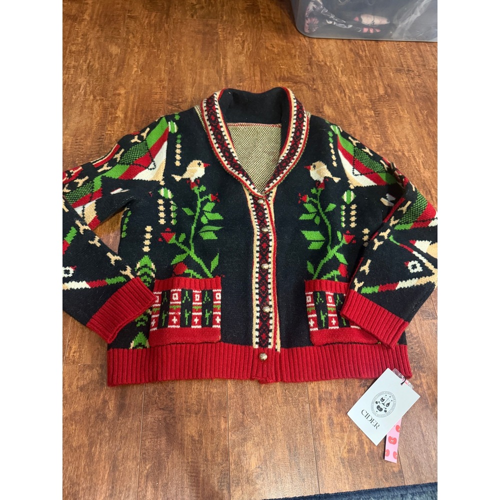 Cider Bird Floral Knit Cardigan  Collar Black Red Large NWT CD20240703506115